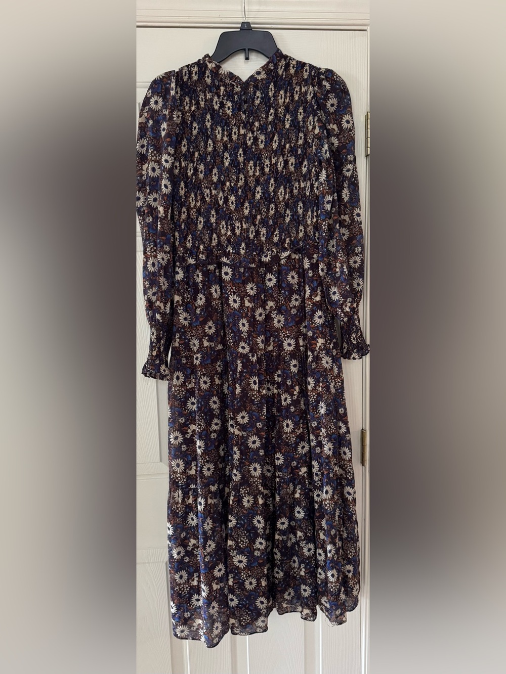 Navy Floral Long-Sleeve Midi Dress with Ivory Accents large cottage core - Picture 3 of 3